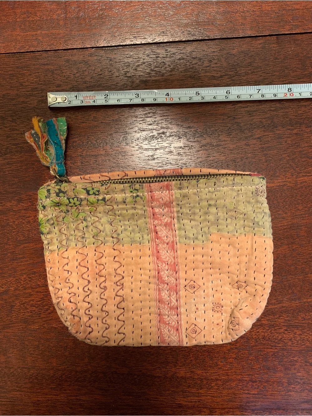 Handmade Peach & Green Quilted Zipper Pouch. Kantha Pouch (f)